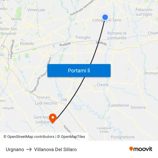 Urgnano to Villanova Del Sillaro map