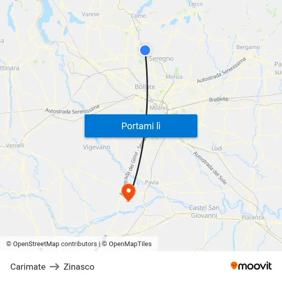 Carimate to Zinasco map