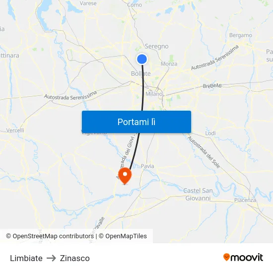 Limbiate to Zinasco map