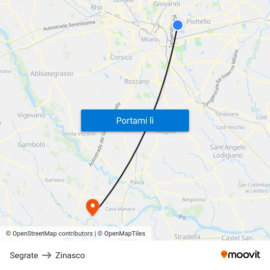 Segrate to Zinasco map