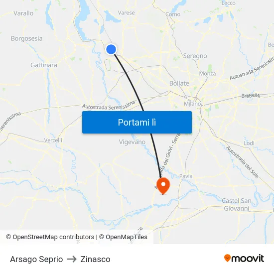 Arsago Seprio to Zinasco map
