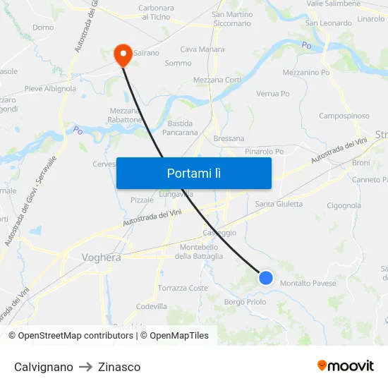 Calvignano to Zinasco map