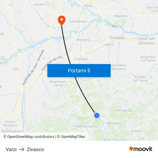 Varzi to Zinasco map