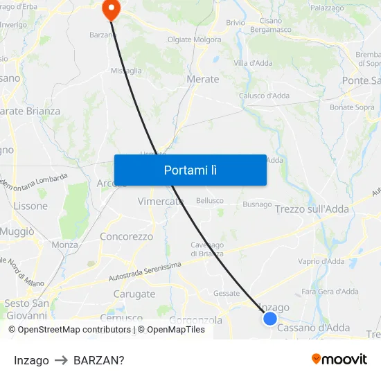 Inzago to BARZAN? map