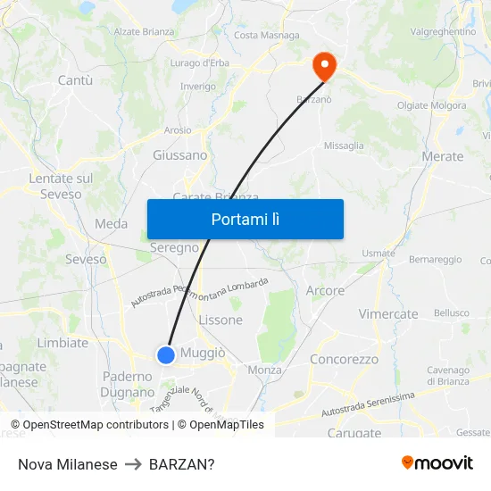 Nova Milanese to BARZAN? map