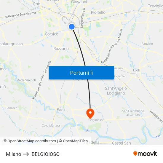 Milano to BELGIOIOSO map