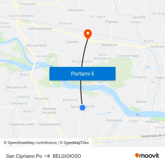 San Cipriano Po to BELGIOIOSO map