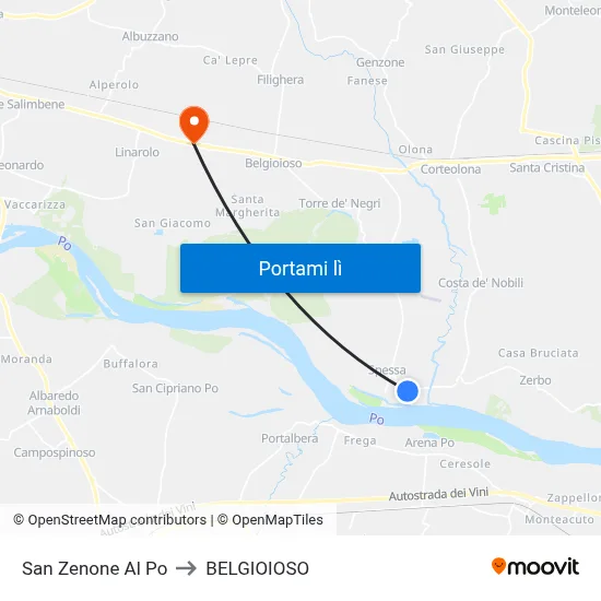 San Zenone Al Po to BELGIOIOSO map