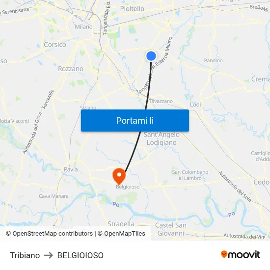 Tribiano to BELGIOIOSO map