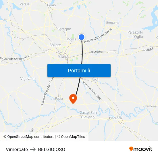 Vimercate to BELGIOIOSO map