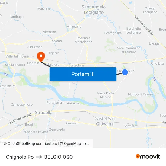 Chignolo Po to BELGIOIOSO map