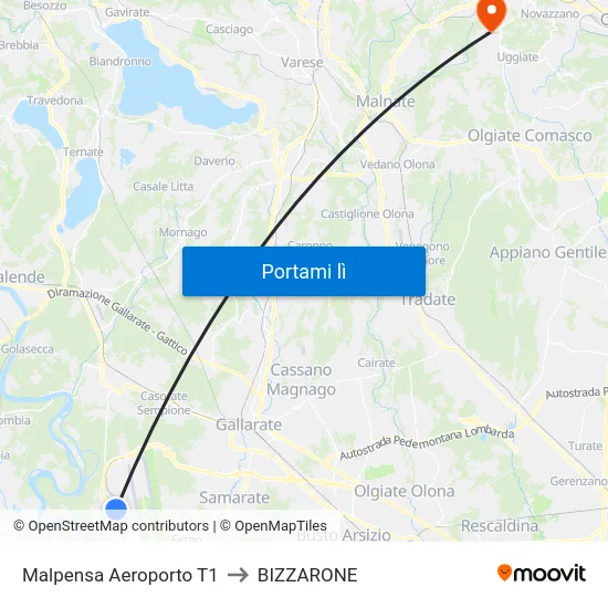 Malpensa Aeroporto T1 to BIZZARONE map