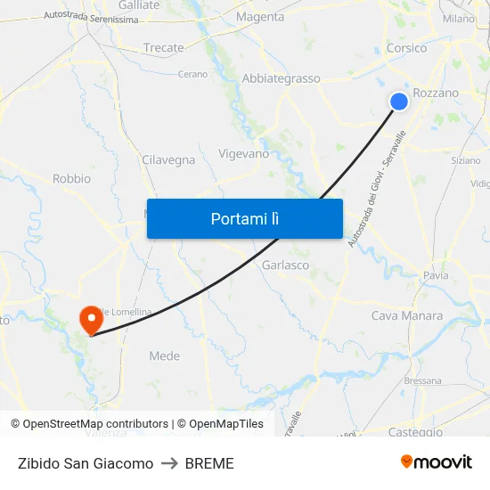 Zibido San Giacomo to BREME map