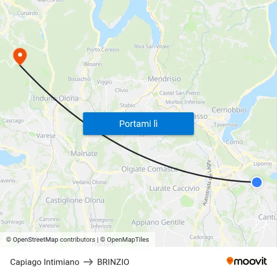 Capiago Intimiano to BRINZIO map