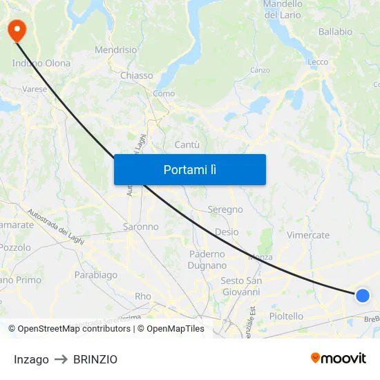 Inzago to BRINZIO map