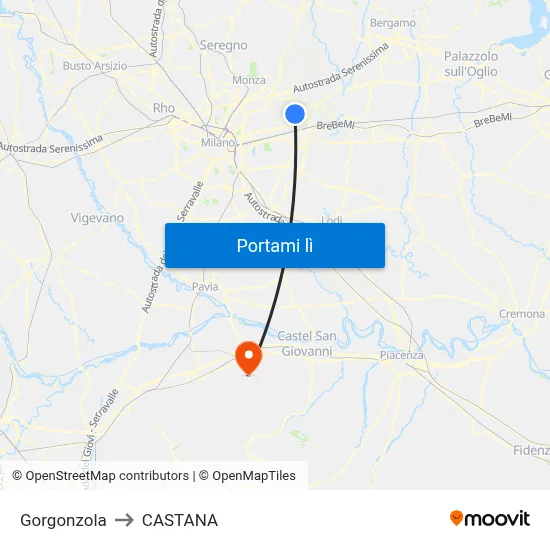 Gorgonzola to CASTANA map