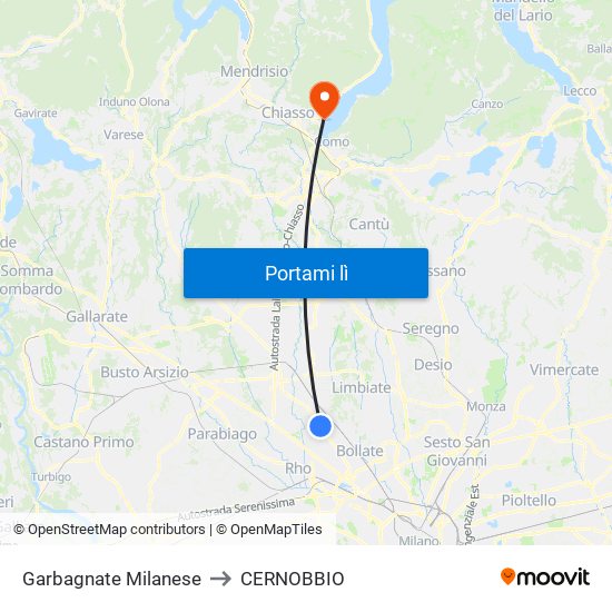 Garbagnate Milanese to CERNOBBIO map