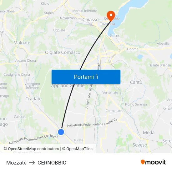 Mozzate to CERNOBBIO map