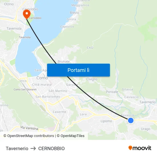 Tavernerio to CERNOBBIO map