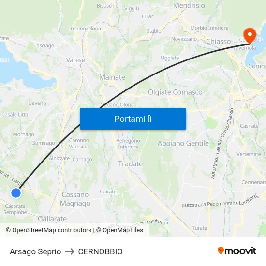 Arsago Seprio to CERNOBBIO map