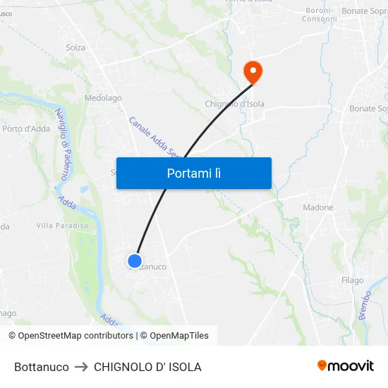 Bottanuco to CHIGNOLO D' ISOLA map
