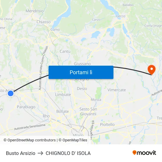 Busto Arsizio to CHIGNOLO D' ISOLA map