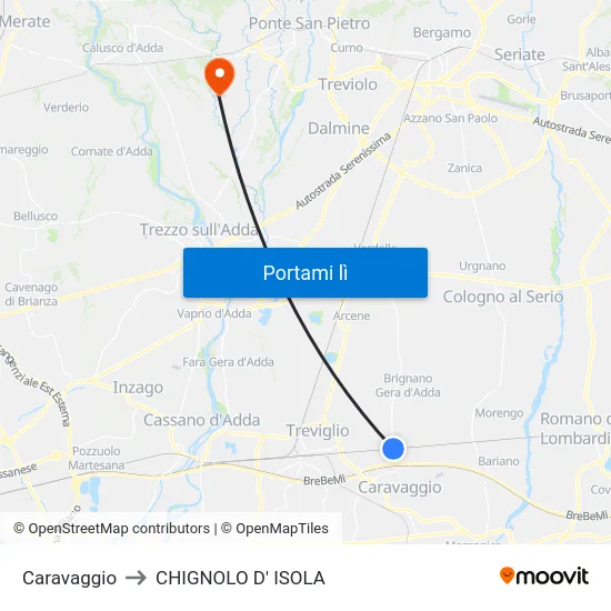 Caravaggio to CHIGNOLO D' ISOLA map