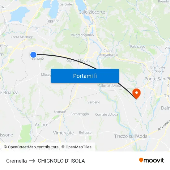 Cremella to CHIGNOLO D' ISOLA map