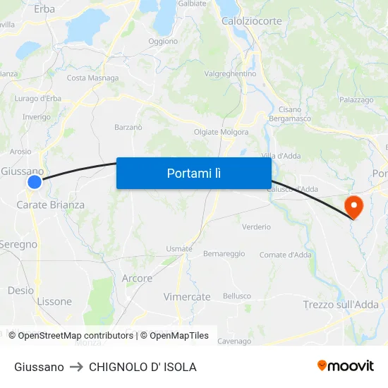 Giussano to CHIGNOLO D' ISOLA map