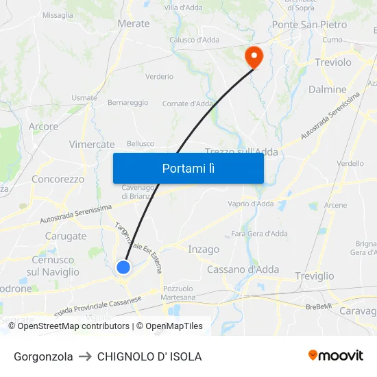 Gorgonzola to CHIGNOLO D' ISOLA map