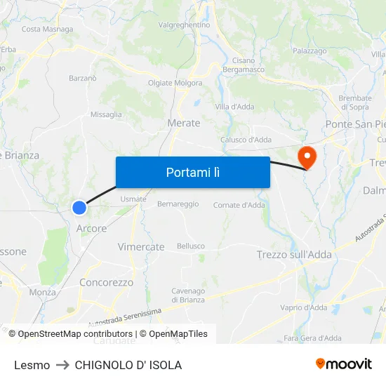 Lesmo to CHIGNOLO D' ISOLA map