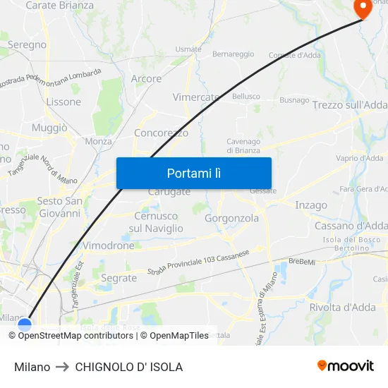 Milano to CHIGNOLO D' ISOLA map