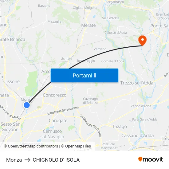 Monza to CHIGNOLO D' ISOLA map