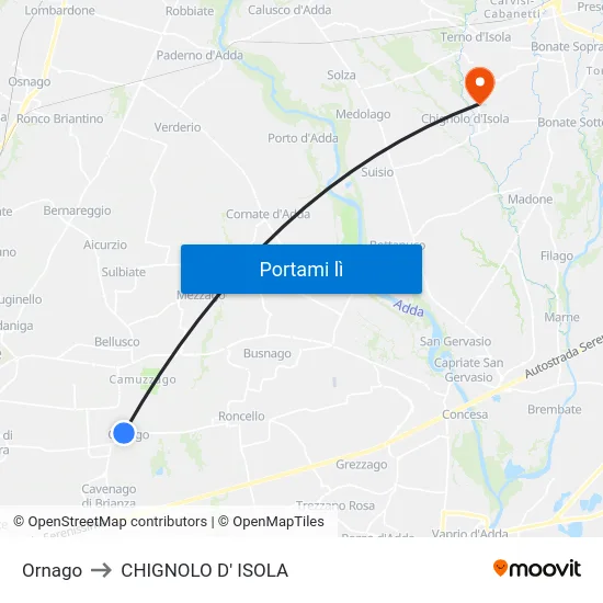 Ornago to CHIGNOLO D' ISOLA map