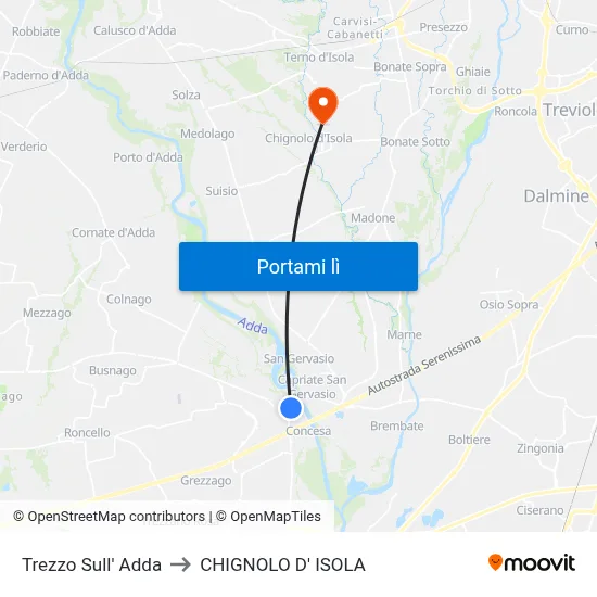 Trezzo Sull' Adda to CHIGNOLO D' ISOLA map
