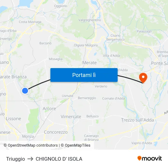 Triuggio to CHIGNOLO D' ISOLA map