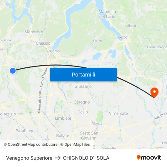 Venegono Superiore to CHIGNOLO D' ISOLA map