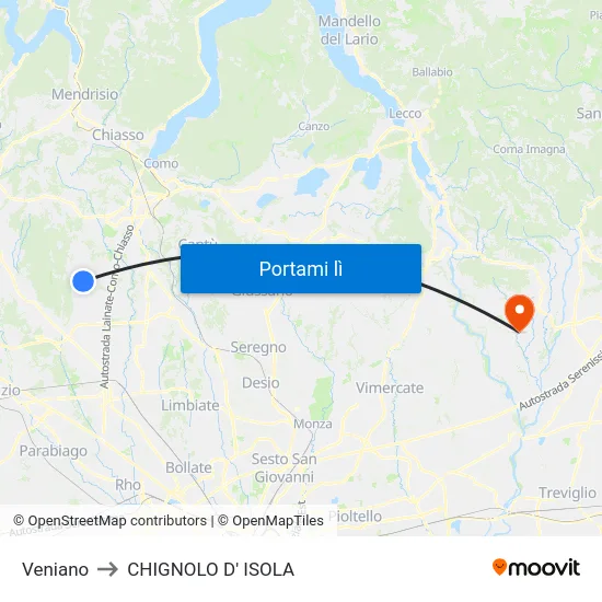 Veniano to CHIGNOLO D' ISOLA map