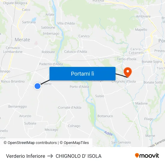 Verderio Inferiore to CHIGNOLO D' ISOLA map