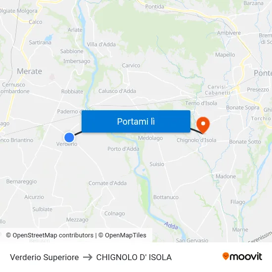 Verderio Superiore to CHIGNOLO D' ISOLA map