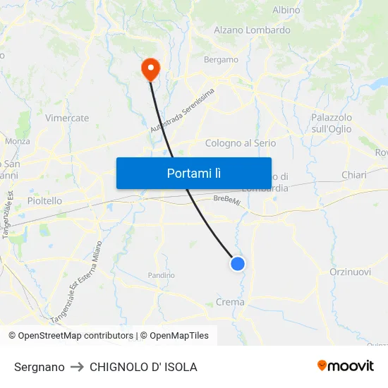 Sergnano to CHIGNOLO D' ISOLA map