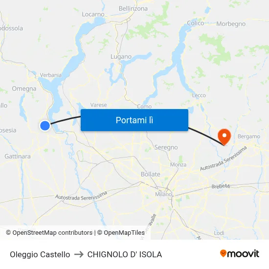 Oleggio Castello to CHIGNOLO D' ISOLA map