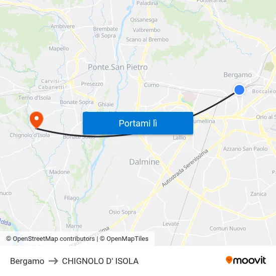 Bergamo to CHIGNOLO D' ISOLA map