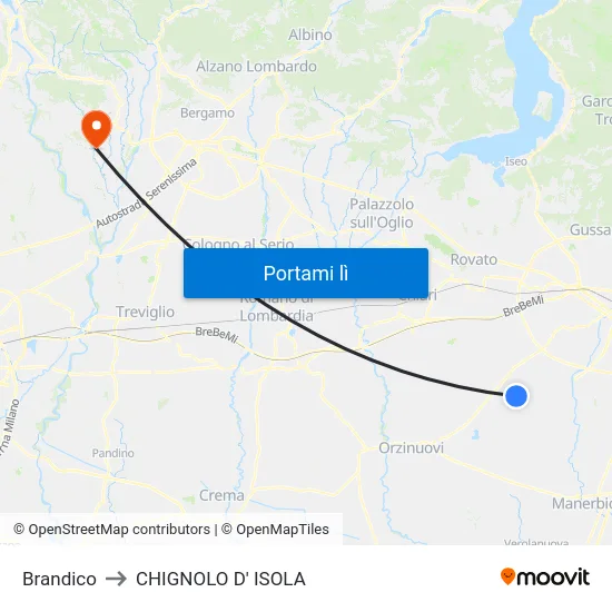 Brandico to CHIGNOLO D' ISOLA map