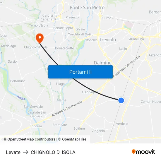 Levate to CHIGNOLO D' ISOLA map