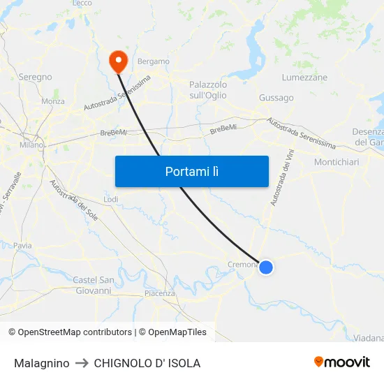 Malagnino to CHIGNOLO D' ISOLA map