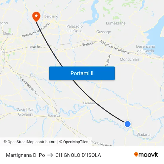 Martignana Di Po to CHIGNOLO D' ISOLA map