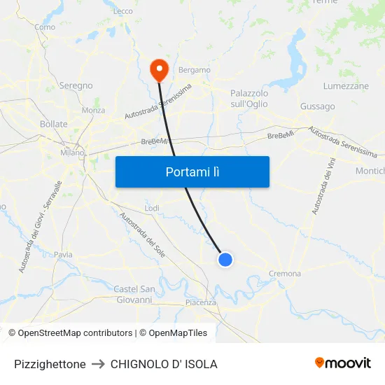 Pizzighettone to CHIGNOLO D' ISOLA map