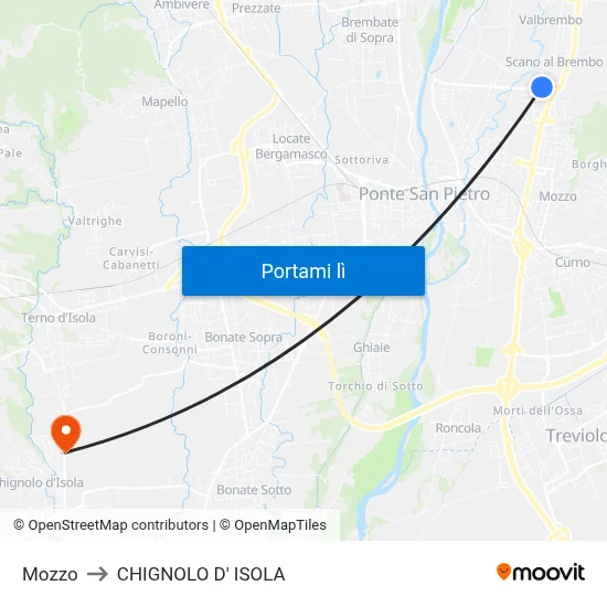 Mozzo to CHIGNOLO D' ISOLA map