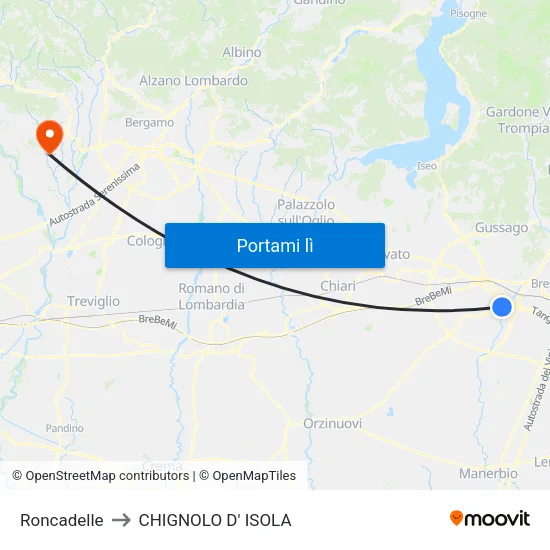 Roncadelle to CHIGNOLO D' ISOLA map